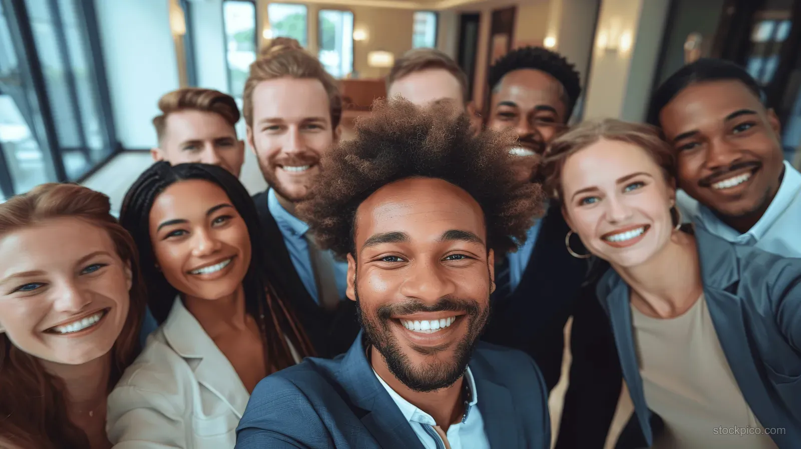 A multiracial team of coworkers smiles while taking a group selfie in an office hallway after meeting.