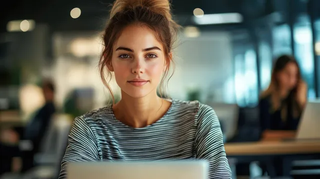 A smiling Hispanic woman types on a laptop at an office workstation with blurred coworkers behind her.