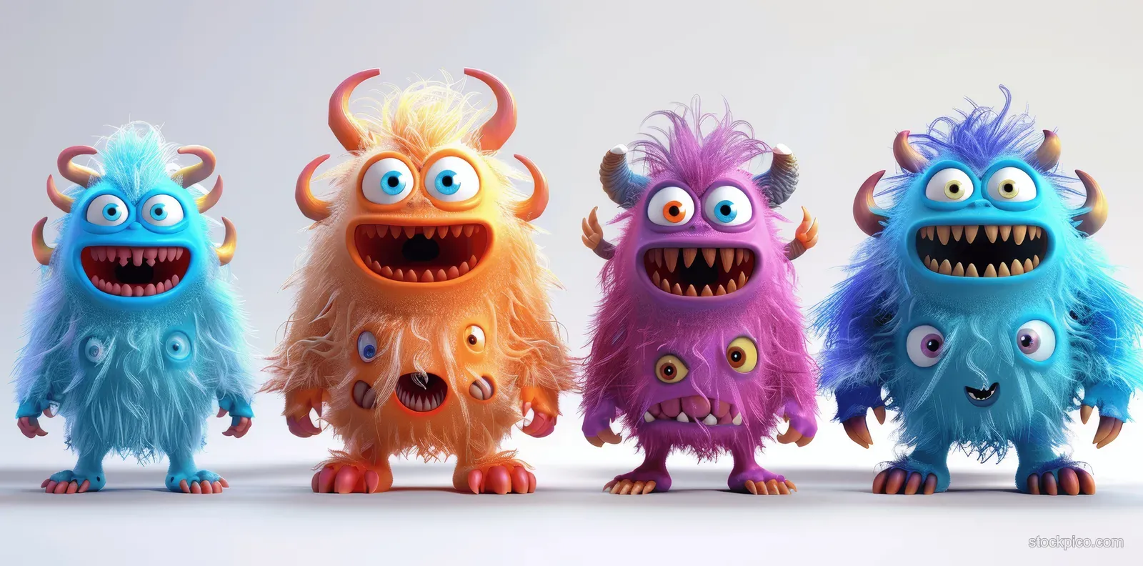 Four colorful 3D furry monsters stand together, each with big eyes and playful expressions.