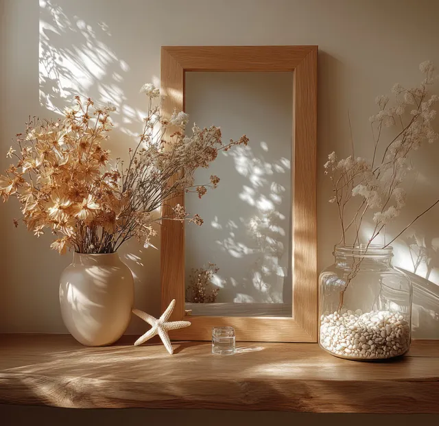 Wooden bedroom shelf with dried flowers, starfish, and pebble jars beside a mirror reflecting warm sunlight.