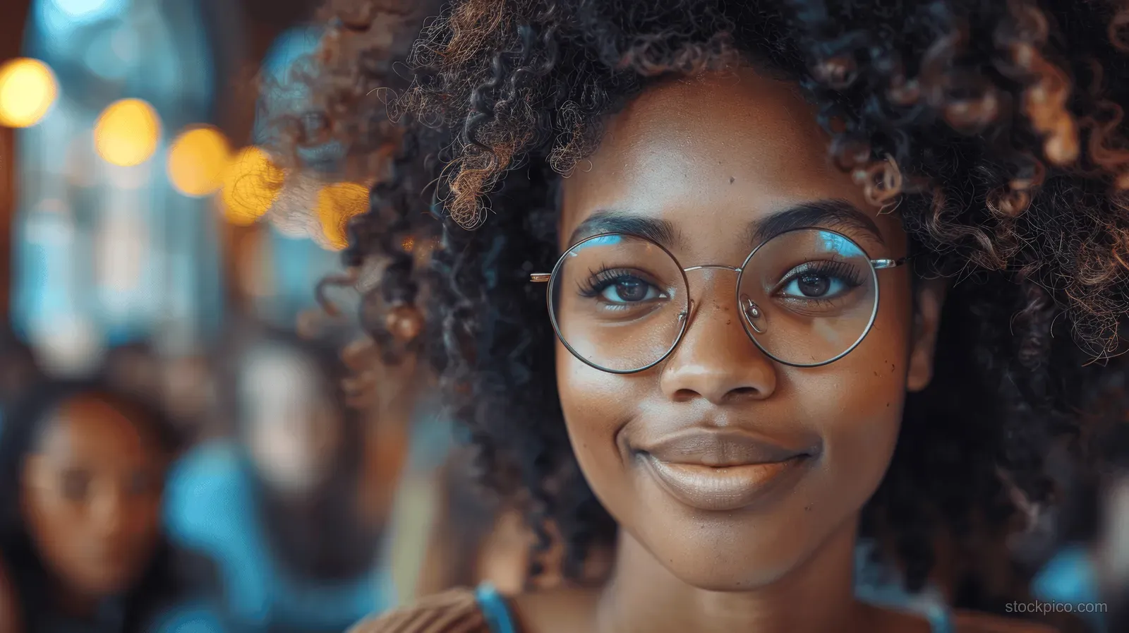 Smiling woman with curly hair and glasses looks toward the camera in a softly blurred library.