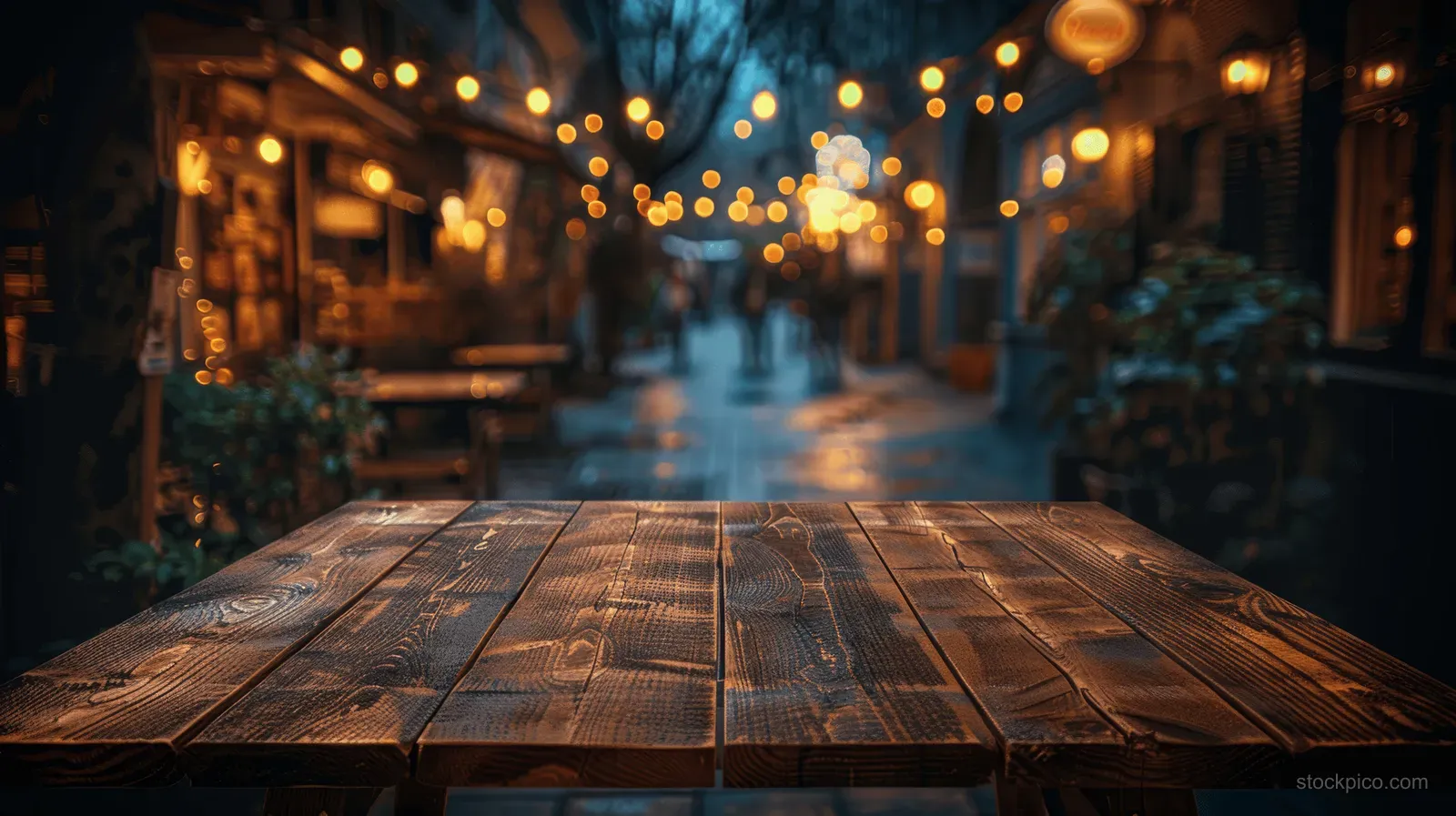 Empty wooden table fills the foreground while Christmas lights glow behind in soft bokeh on a winter street.