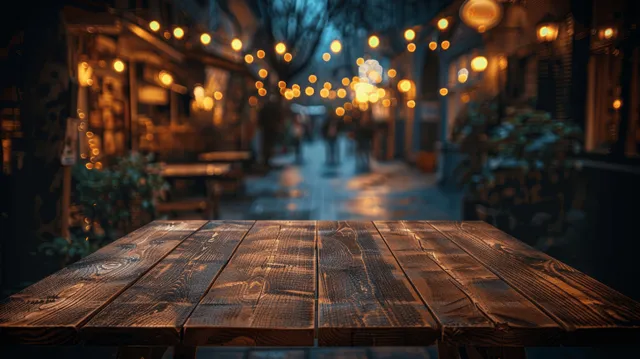 Empty wooden table on winter street with glowing Christmas lights bokeh background