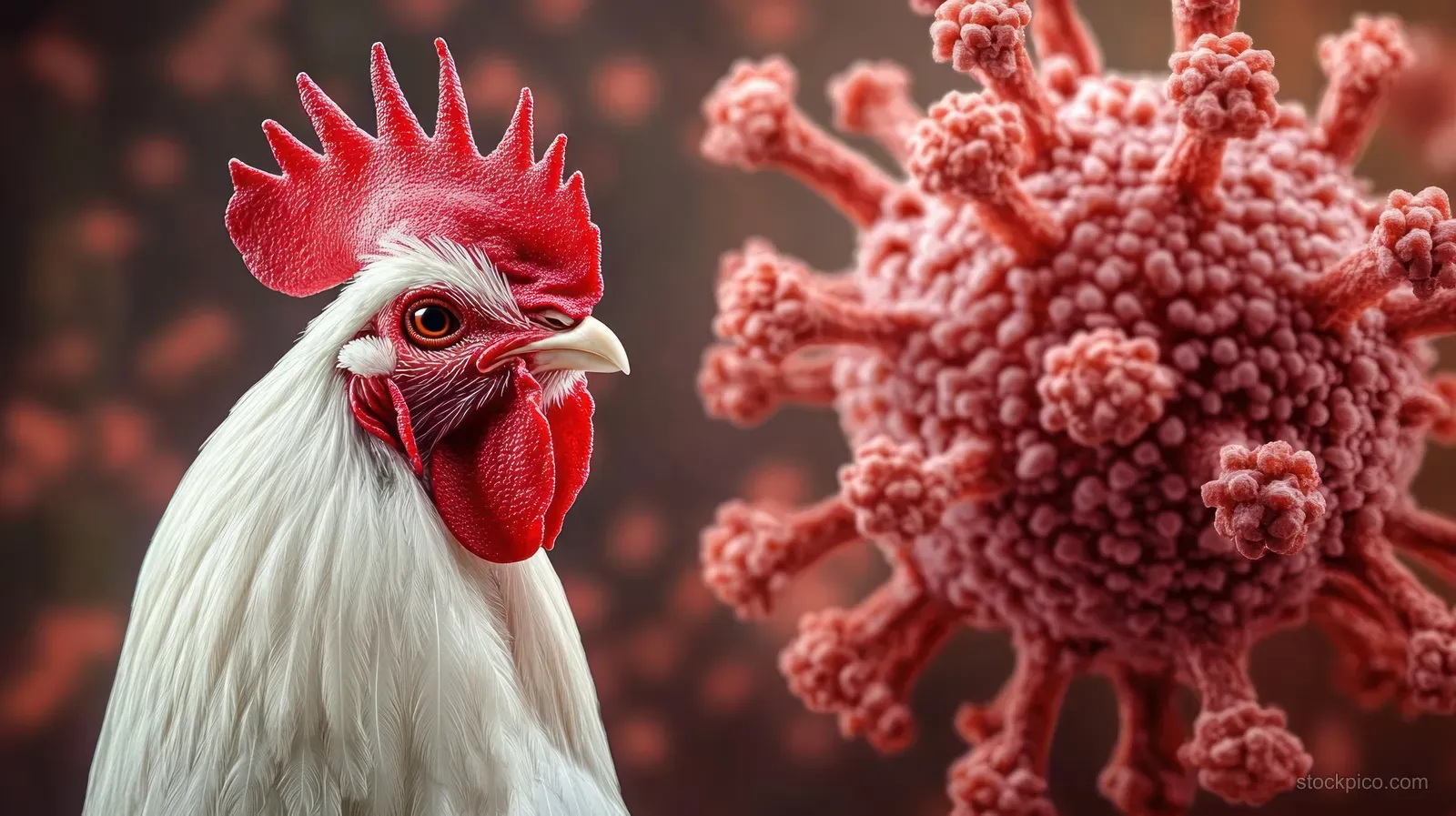 White rooster faces a large red virus particle with textured surface in a dramatic warning macro composition.