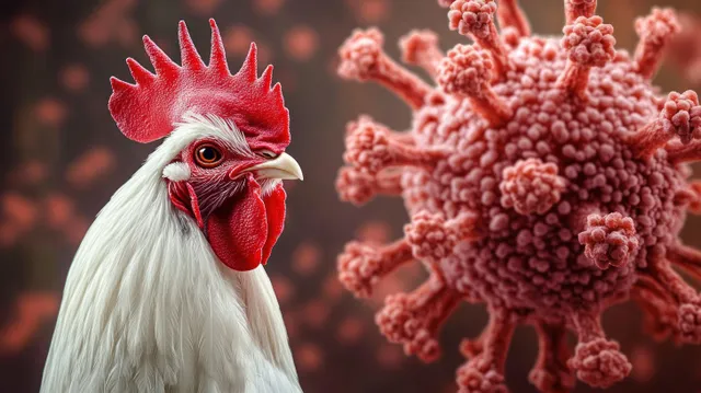White rooster faces a large red virus particle with textured surface in a dramatic warning macro composition.