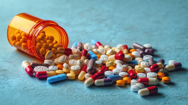 Colorful pills and capsules spill from an orange bottle onto a light blue background in a top view.