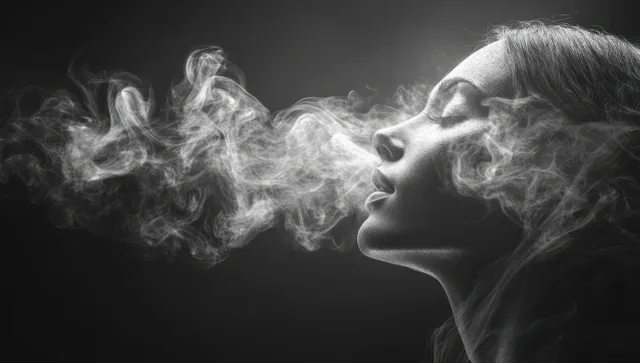 Rostro de perfil lateral parcialmente formado por humo gris en remolino sobre un fondo oscuro de claroscuro.