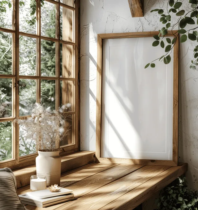 Blank white poster mockup in wooden frame on sunlit window sill beside potted plants with Rustic Scandi Style