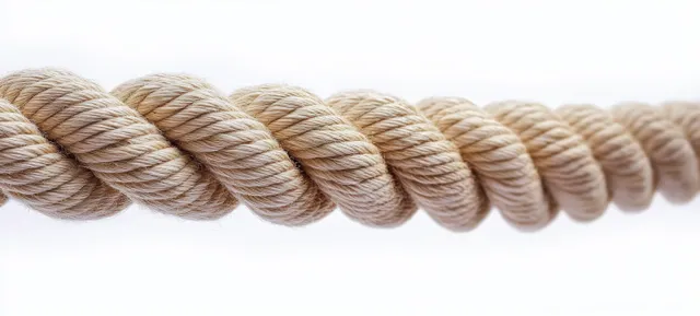 Thick beige twisted natural fiber rope close-up against a white background, highlighting coarse fiber texture.