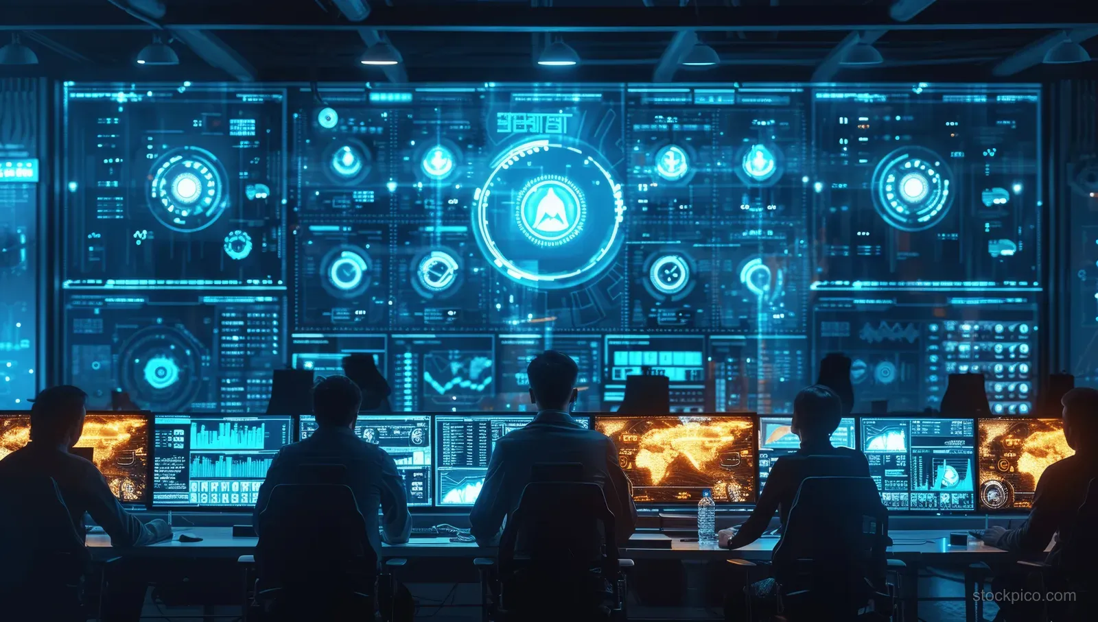 Silhouetted team monitors real-time cybersecurity dashboards with graphs and threat icons on large screens in a blue-lit room.