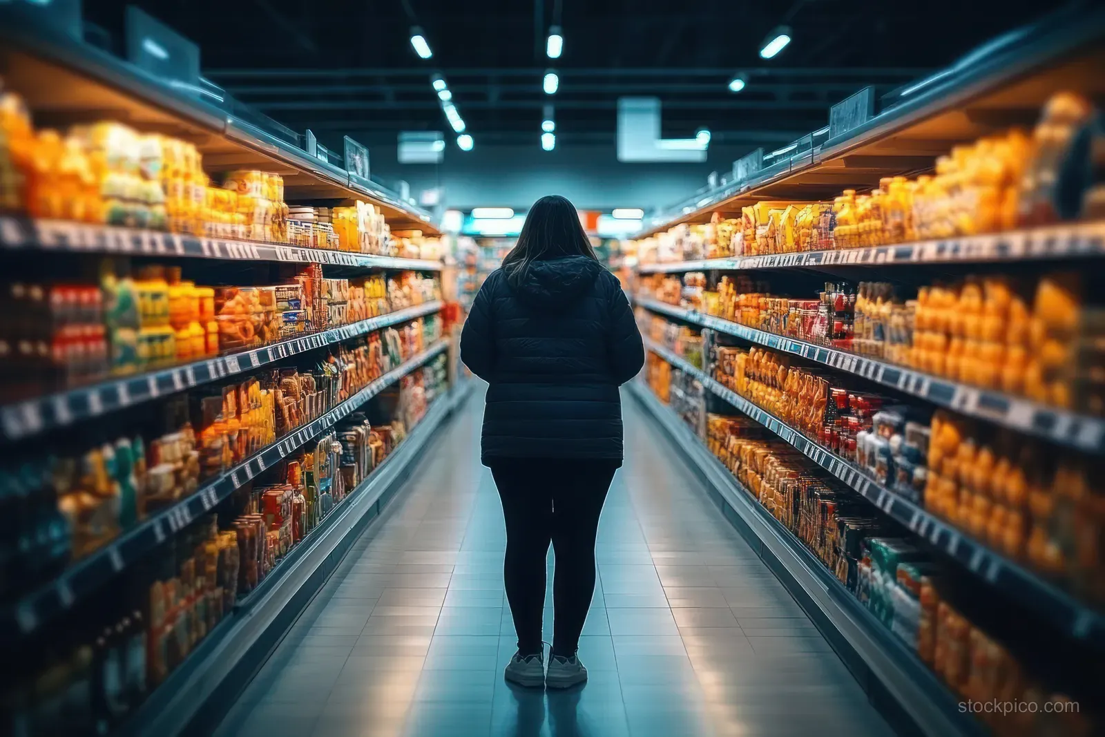 A woman stands in a supermarket aisle between shelves of packaged food.