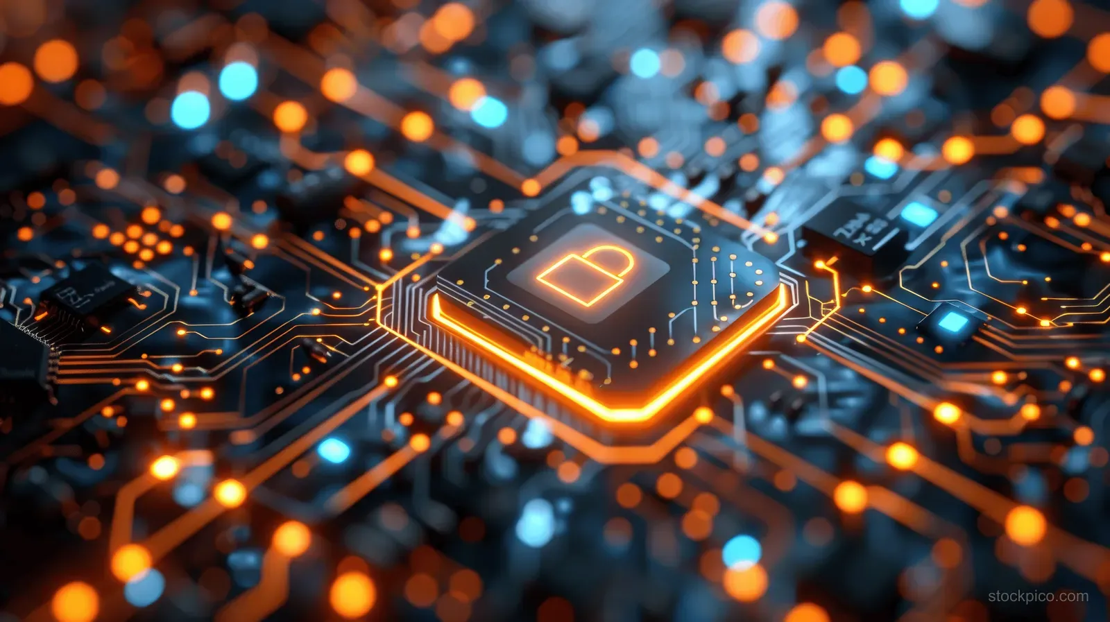 A central glowing microchip connected to illuminated circuit traces forms a cyber security network.