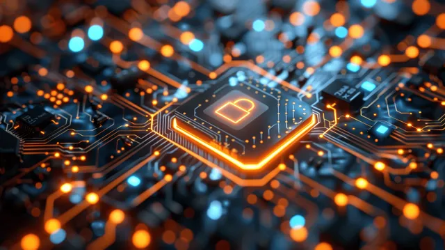 Digital security chip network with glowing circuitry signaling cybersecurity protection