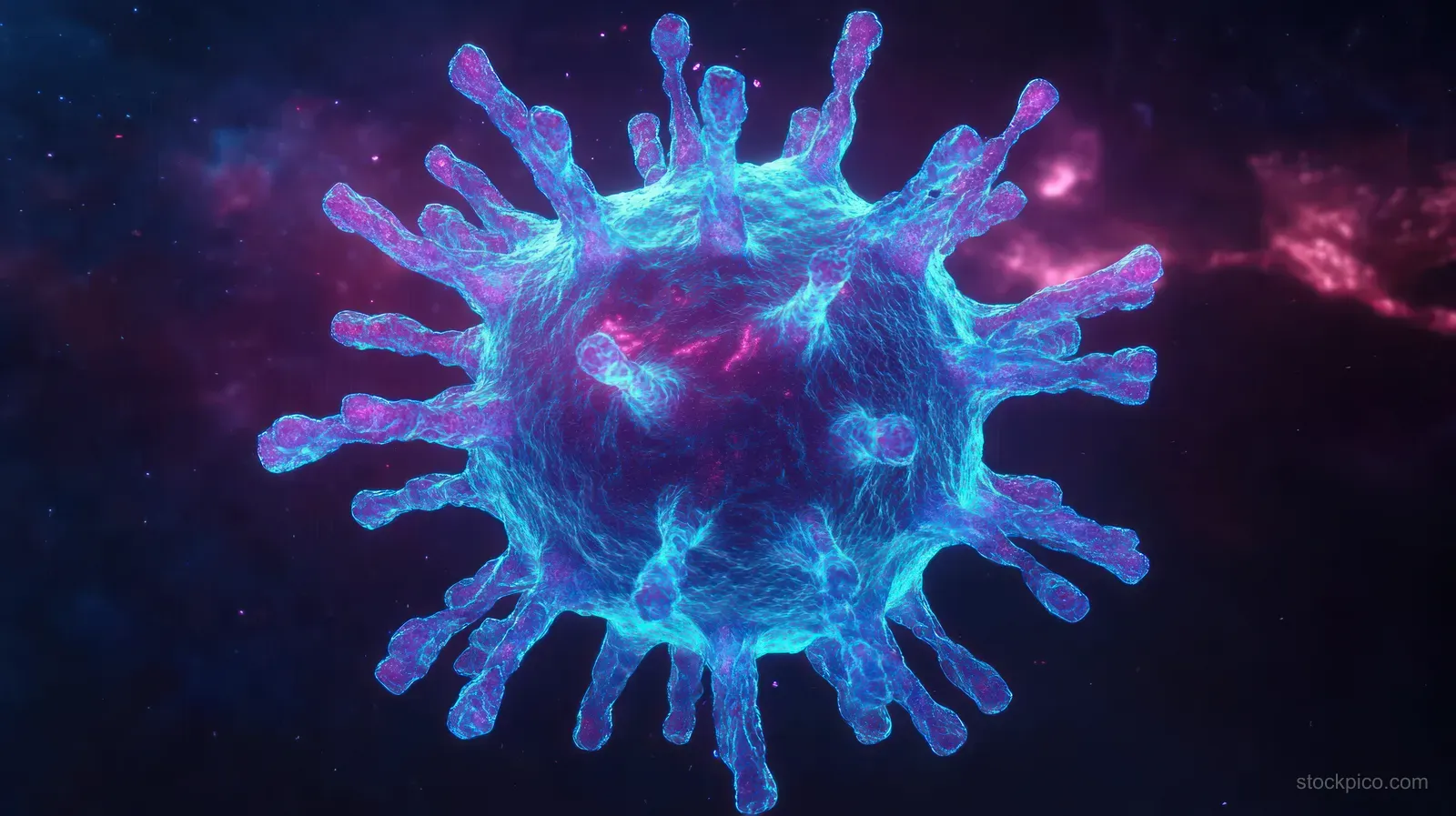 3D coronavirus particle with blue neon glow and purple sparks against a dark background.