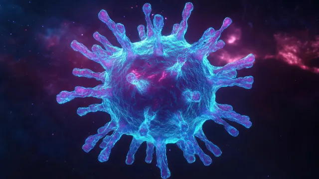 3D coronavirus particle floating in dark space with blue neon glow and purple sparks
