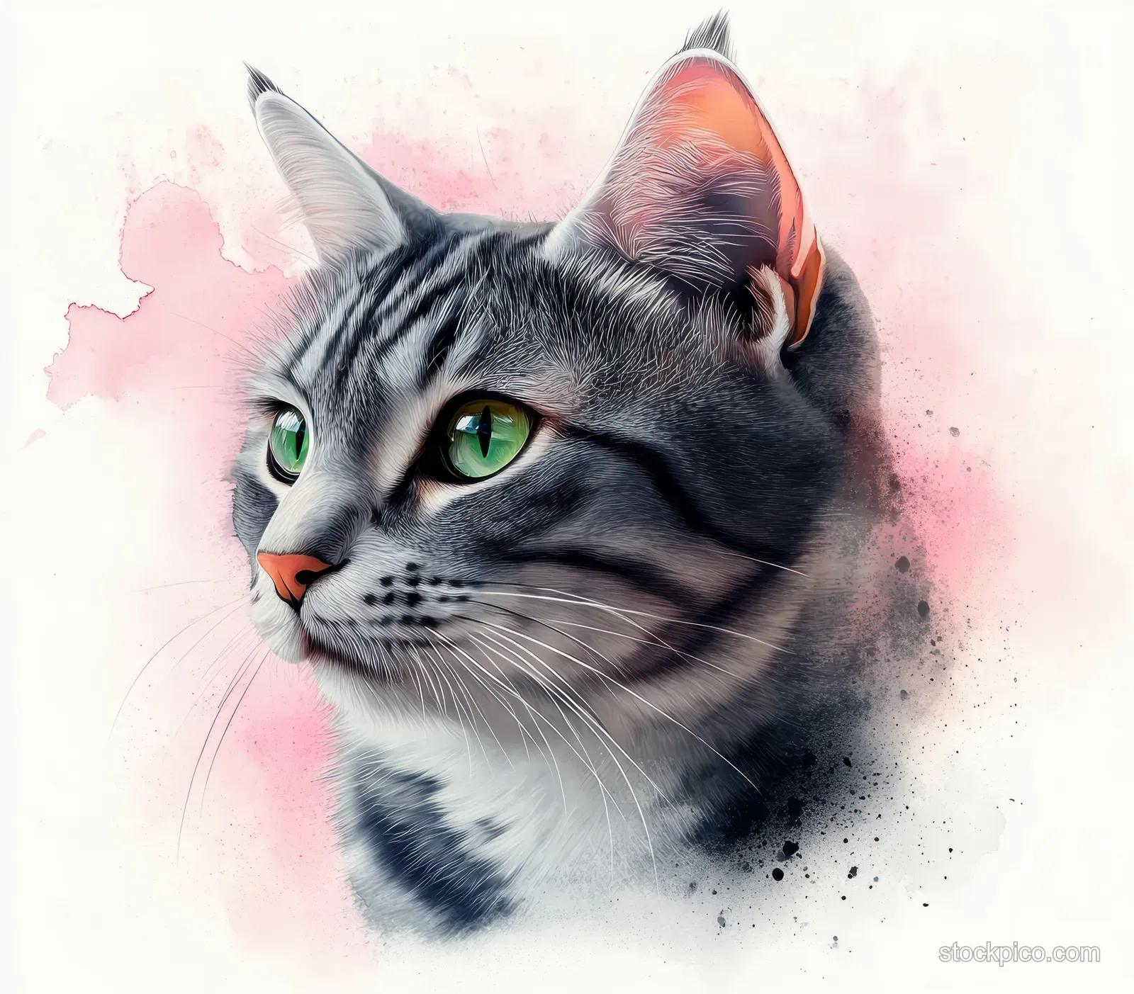 A silver tabby cat with green eyes in a close-up portrait on a pastel pink watercolor wash background.