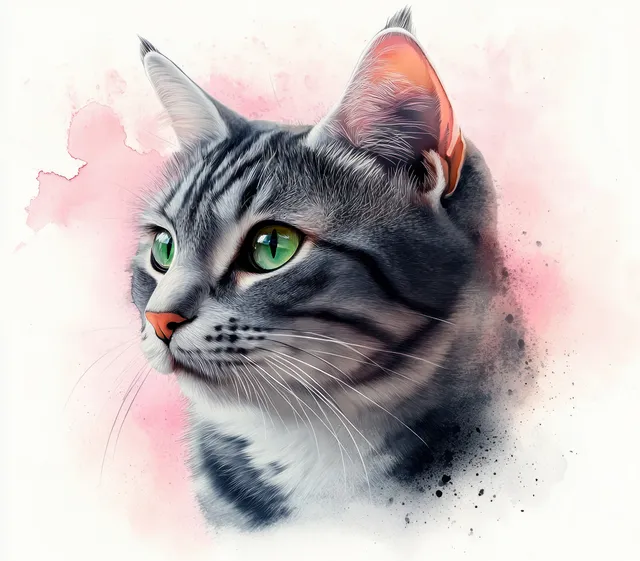 Silver tabby cat portrait with green eyes against pastel pink watercolor wash splatter with Animal Portraits