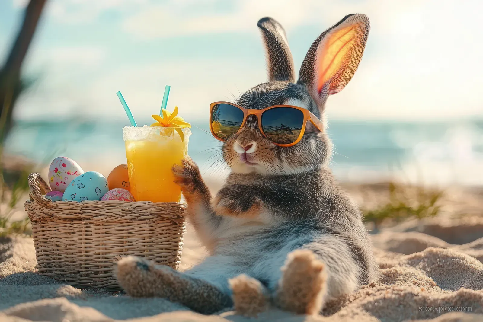 Sunglasses-wearing rabbit lounges on beach sand with colorful eggs and a tropical drink nearby.