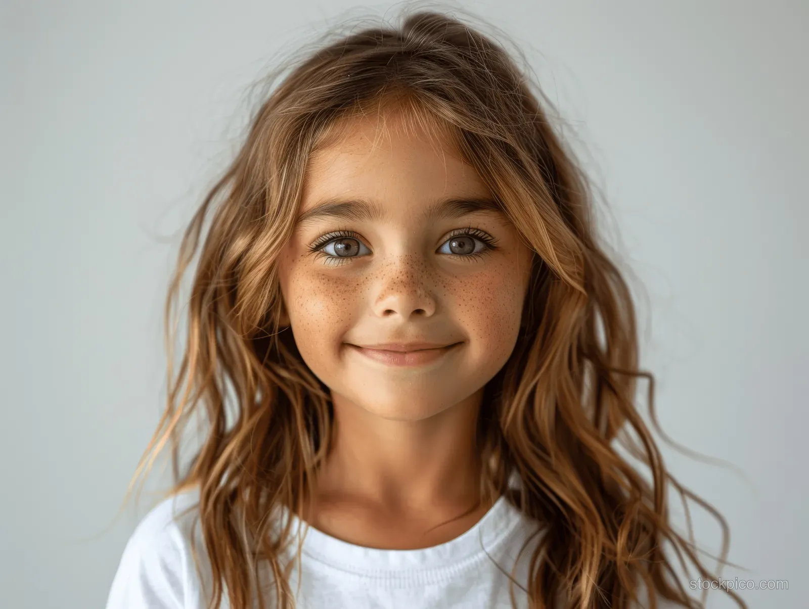 Smiling little girl with wavy hair in a white T-shirt shown in a close-up isolated on a white background.