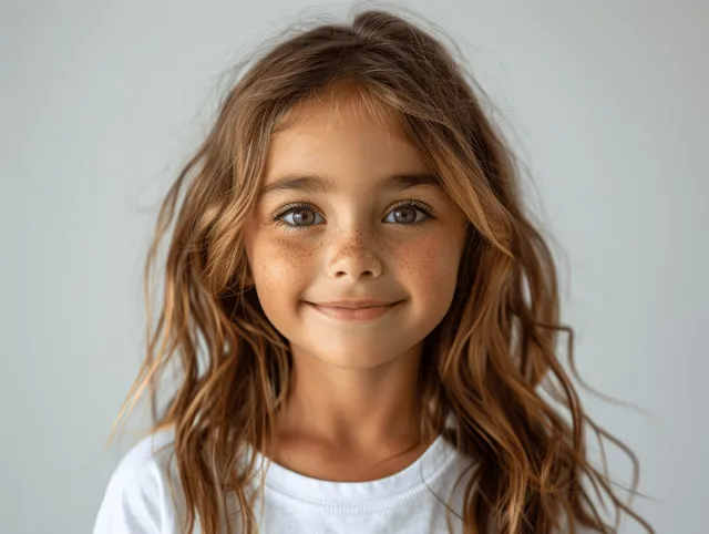 Smiling little girl in white T-shirt with wavy hair, isolated on white background
