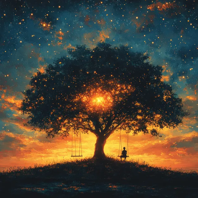 Silhouette of a sacred tree at sunset with glowing lights, starry sky, and hanging swings.