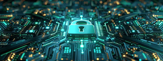 A glowing cartoon padlock sits on a dark digital circuit board with surrounding cyber security symbols.