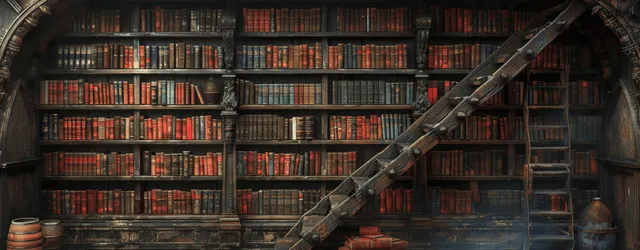 Altas estanterías de madera de biblioteca repletas de libros antiguos encuadernados en cuero iluminadas por una luz cálida y polvorienta.
