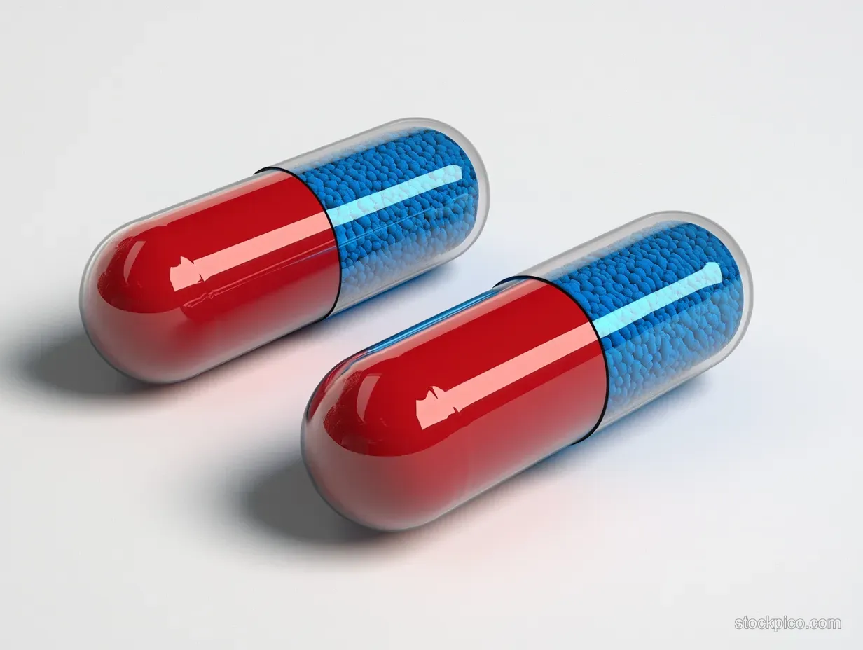Two transparent capsules with blue beads and glossy red halves on a plain white background.