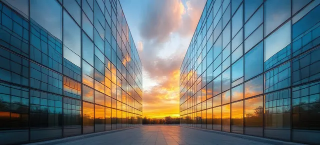 Symmetrical glass office towers reflect a colorful sunset sky and clouds across an empty plaza walkway.