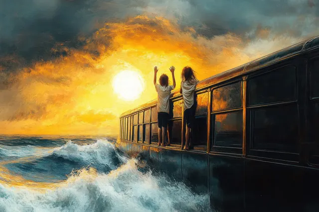 Two children stand on a moving train car edge reaching toward a glowing sunset over stormy ocean waves.