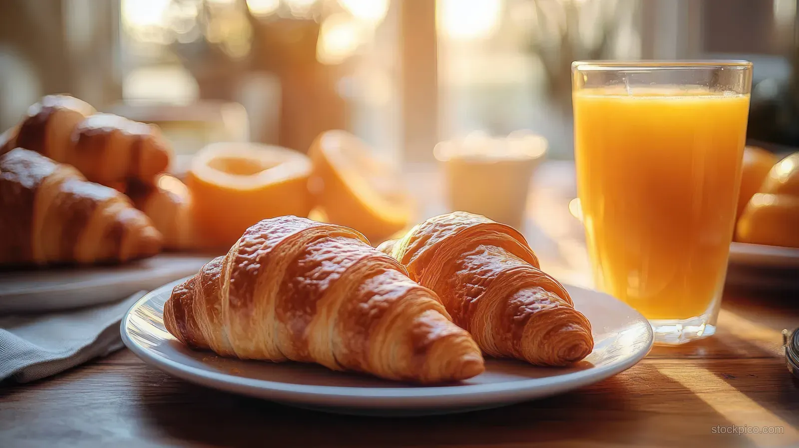 Two flaky golden croissants on a white plate beside a glass of orange juice with warm window sunlight.