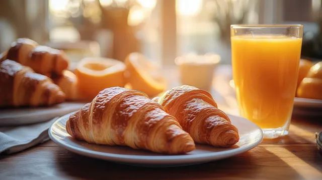 Two flaky golden croissants on a white plate beside a glass of orange juice with warm window sunlight.