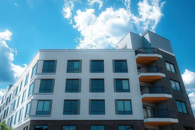 A modern apartment building facade with blue-tinted windows and balconies under a bright blue sky.