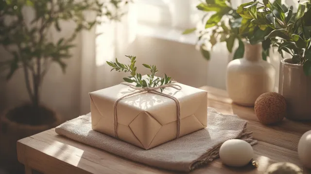 Minimalist gift box held by hands with rosemary sprig and warm soft window light