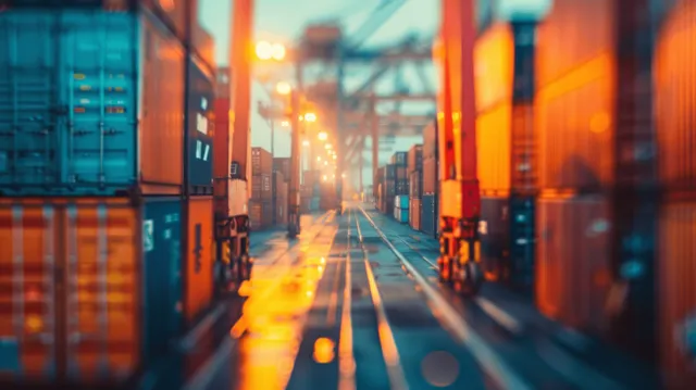 Colorful cargo containers line a shipping terminal aisle with warm bokeh lights
