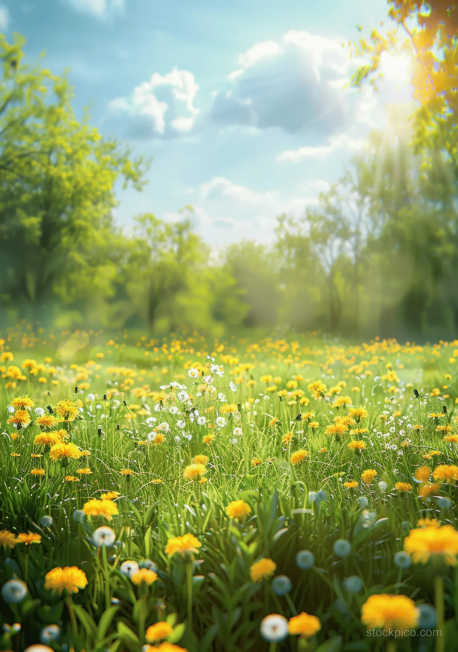 Sunlit spring meadow with blurred grass and yellow dandelions under a blue sky and distant trees.
