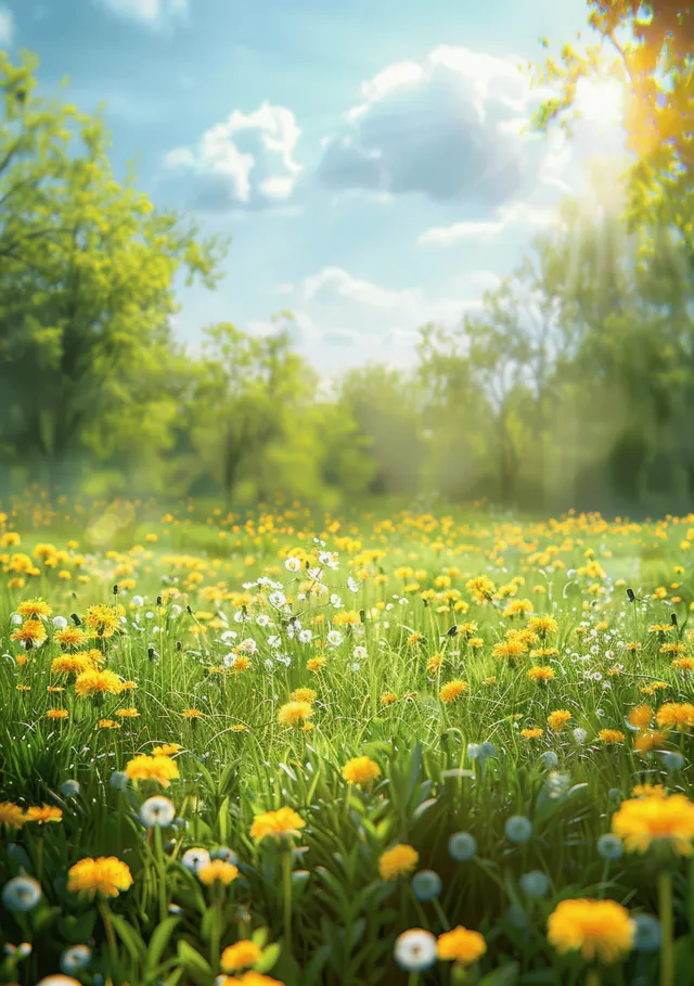 Sunlit spring meadow with blurred grass and yellow dandelions under a blue sky and distant trees.