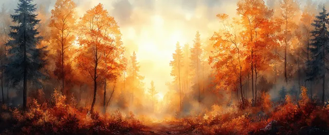 Autumn forest watercolor scene with golden sunlight haze and winding trail