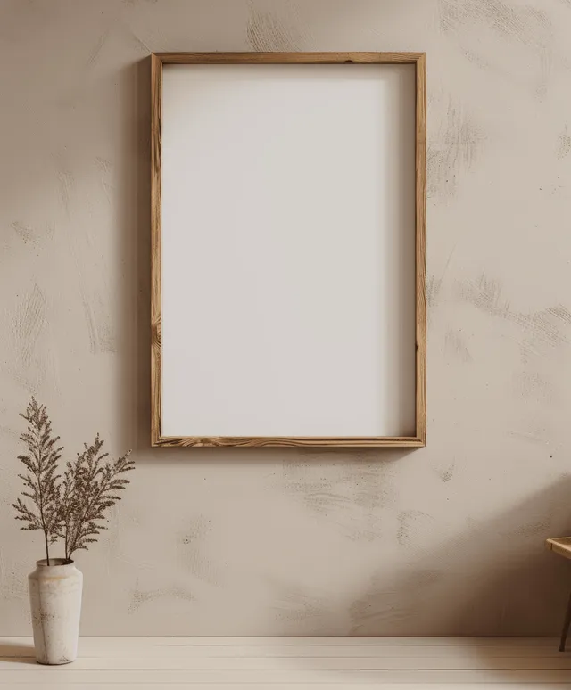 Empty vertical wooden picture frame on beige wall with soft light and minimal decor