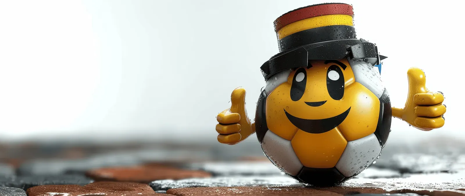 Smiling soccer ball mascot in a German flag top hat and cape gives thumbs up on a football field.