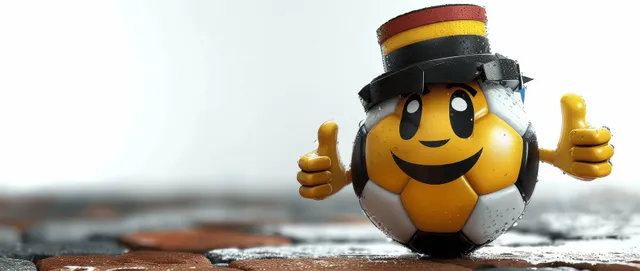 Smiling soccer ball mascot in a German flag top hat and cape gives thumbs up on a football field.