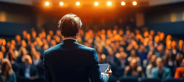 An Asian businessman speaks on stage with his back to the camera while an audience sits in warm spotlighted rows.