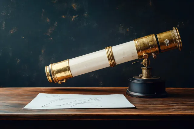 Antique brass and white telescope on a black base beside geometric diagram paper on a wooden table.