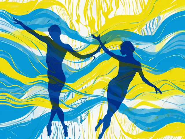Two synchronized swimmers glide through blue water inside an abstract yellow wave illustration with dynamic lines.