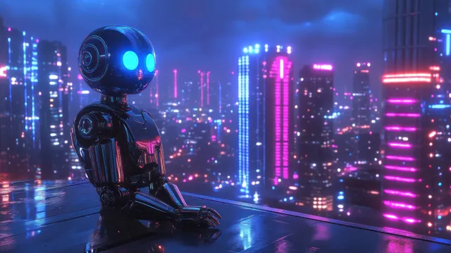 A reflective robot with glowing blue eyes sits on a rooftop facing a neon-lit futuristic city at night.