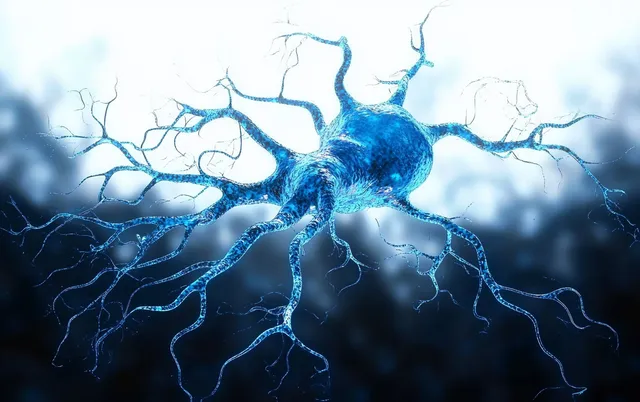 Blue neuron with branching dendrites, glowing neural network connections on dark blurred background