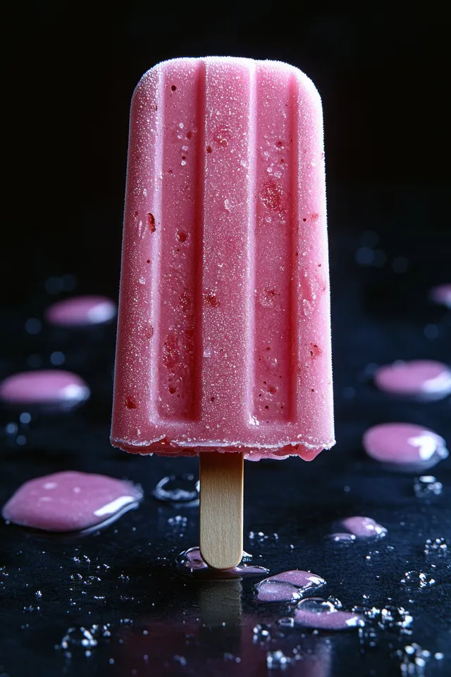 Pink and white dental crown model stands on a dark surface with small scattered droplets.