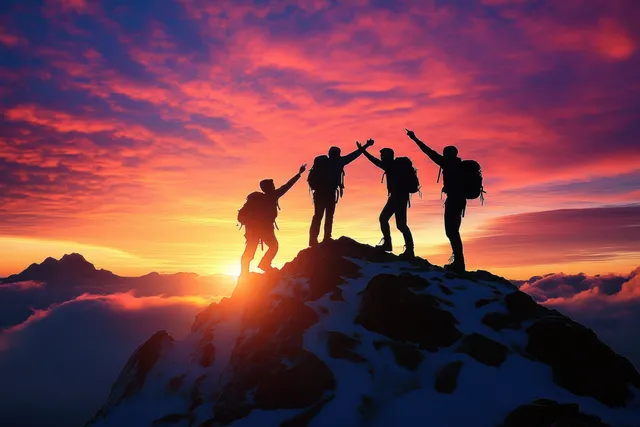 Silhouetted hikers cheer on a snowy mountain summit during a vivid sunset with colorful clouds below.