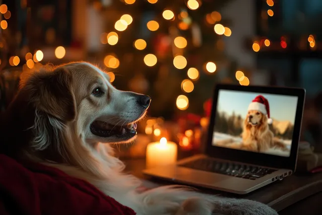 Dog lying near a laptop showing a Christmas video call with candlelit holiday lights in the background.