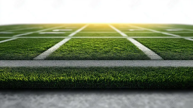 A floating overhead view shows an American football field with vivid green grass and white yard lines.